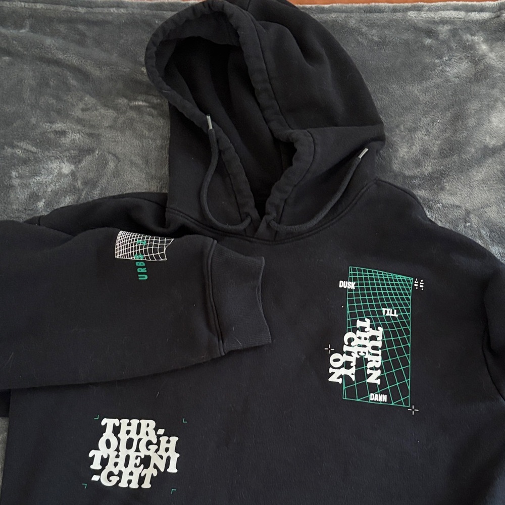 H&M Black Hoodie with Green and White Graphic Prints